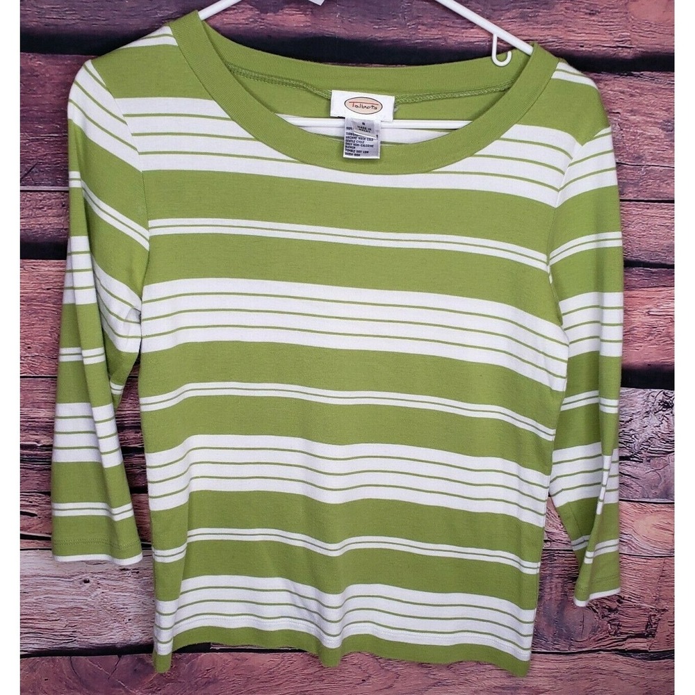 Talbots Size:‎ S Mid-Length Sleeve Olive Green & White Striped Top 100%Cotton